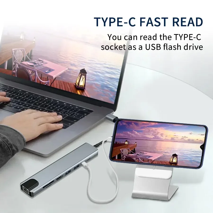 8 in 1 USB C HUB Type C Phone Adapter with 4K HDMI 87W PD USB Docking Station RJ45 for MacBook Pro Air Laptop Pad Card Reader