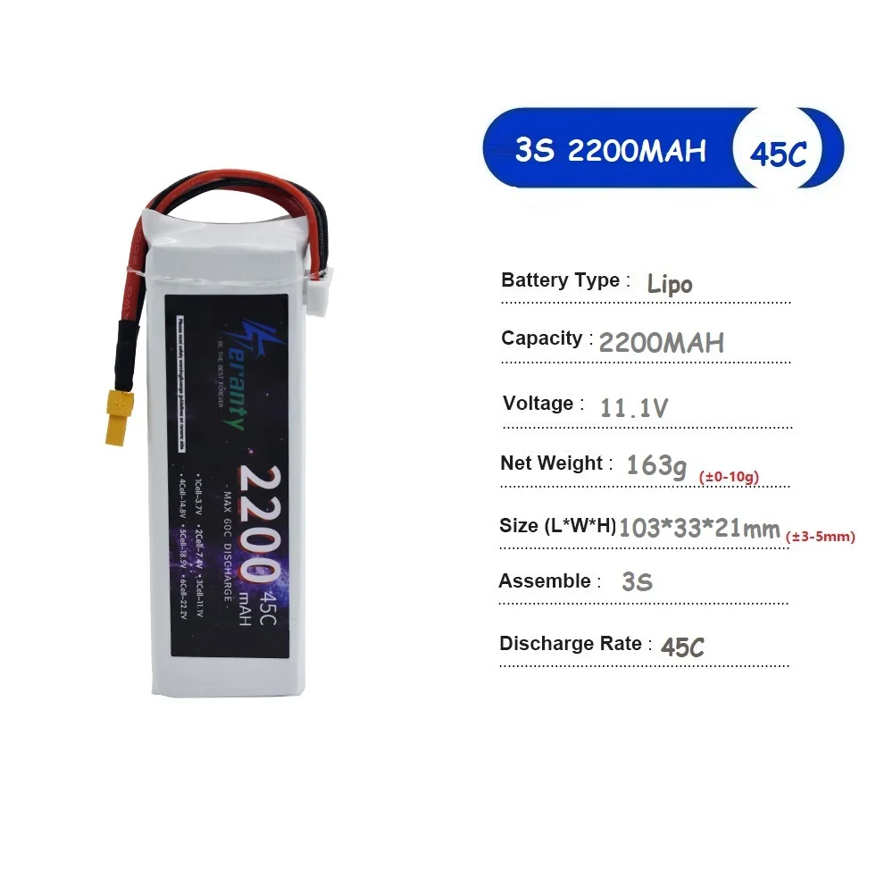 Batterie LiPo 11.1V pour drone posée sur une surface blanche, profil montrant l'épaisseur et les soudures