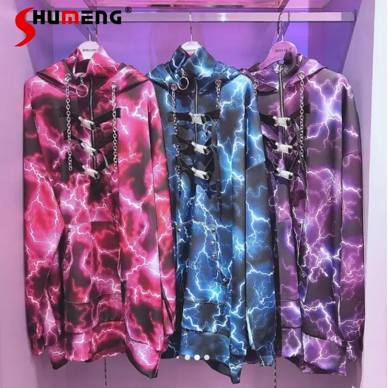 Japanese Mine Style Rojita Cool Lightning Printed Chain Buckle Long Sleeve Mid-Length Loose Hooded Zipper Sweatshirt Spring 2024