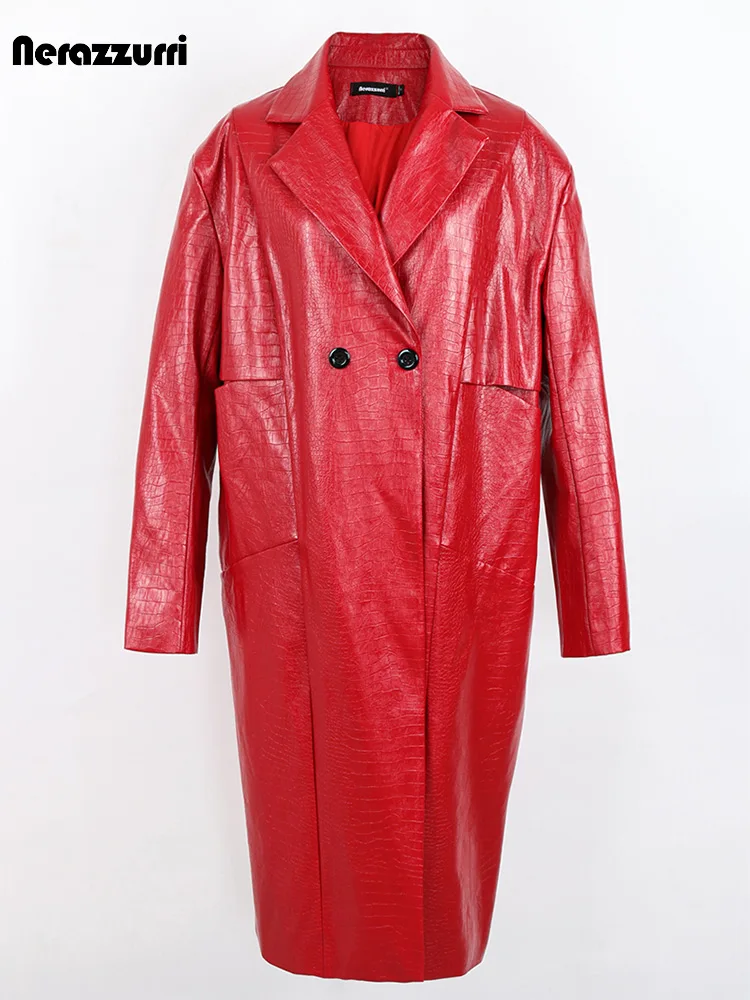 nerazzurri-spring-autumn-long-loose-casual-red-black-shiny-reflective-crocodile-print-patent-pu-leather-trench-coat-for-women