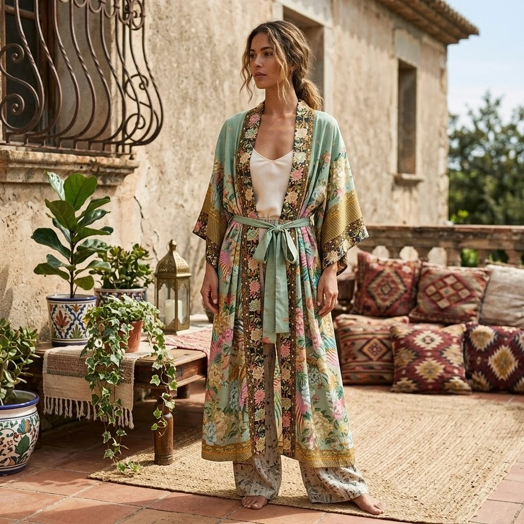 Happie Queens Women Peacock Floral Print Bat Sleeve Beach Bohemian Kimono Maxi Robe Ladies V Neck Boho Summer Bikini Cover-ups 1