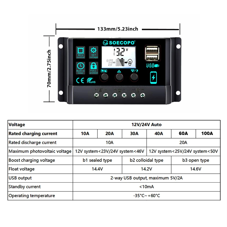 RV 보트 오프 그리드 시스템 용 과충전/단락 보호 기능이있는 12V/24V 100A 솔라 충전 컨트롤러 자동 스위치 LCD 디스플레이