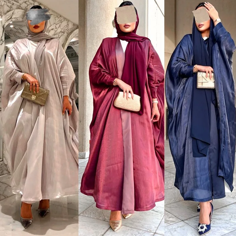 

2024 Islam Abaya Kaftan Satin Robe Femme Musulmane Bat Sleeve Ladies Dress for Middle East, Arabia and Turkey