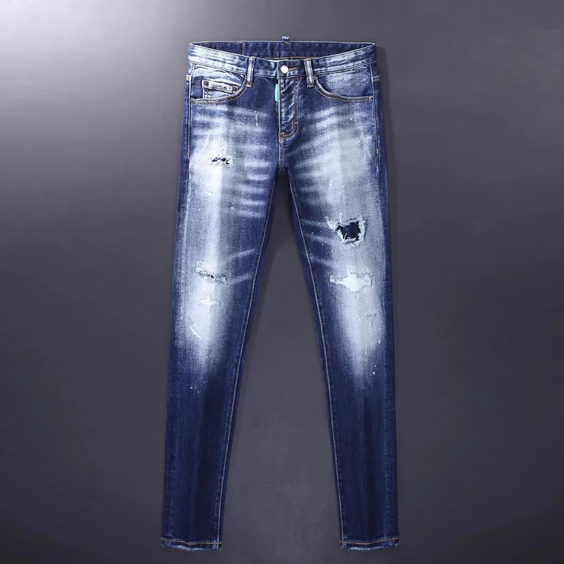Street Fashion Jeans Retro Blue Elastic Slim Fit Colored Paint Hole Patch Jeans Men's Designer Hip Hop Brand Versatile Pants