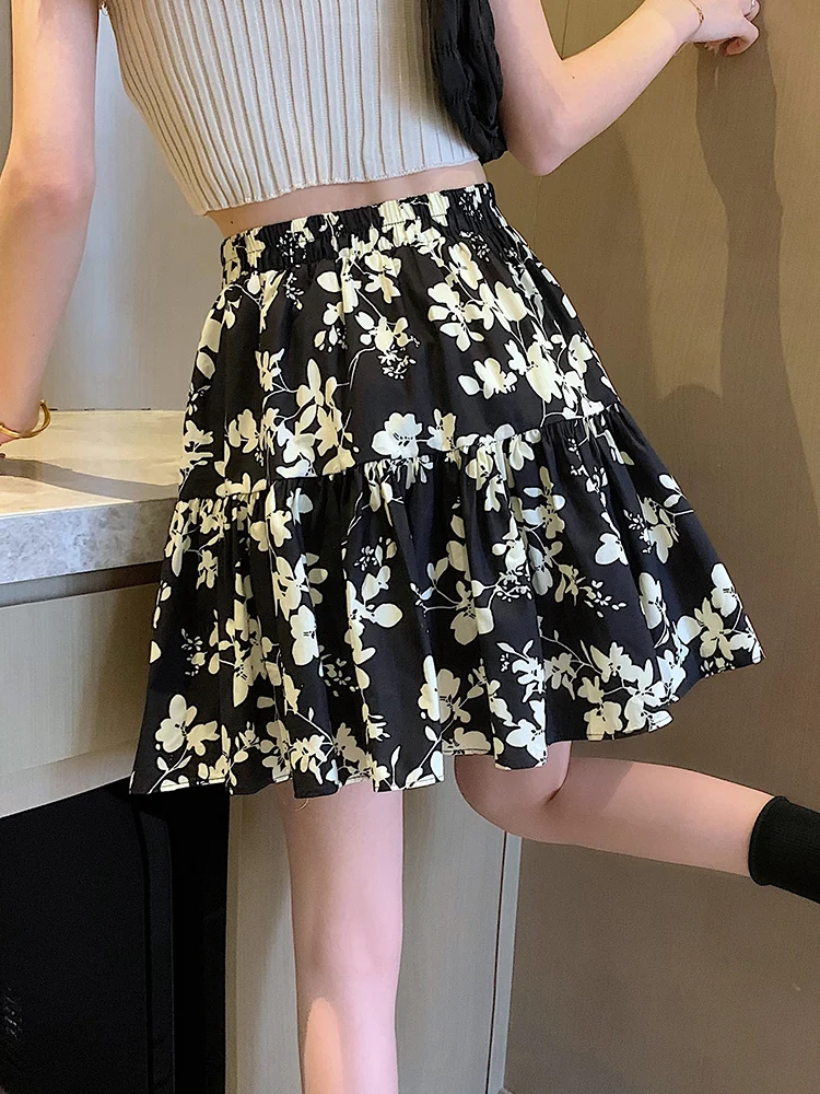 pink skirt Floral Skirt, Half-Length Skirt, Summer Women's High-Waisted Big Skirt, All-Match Elastic Waist A-Line Umbrella Skirt mini skirts for women