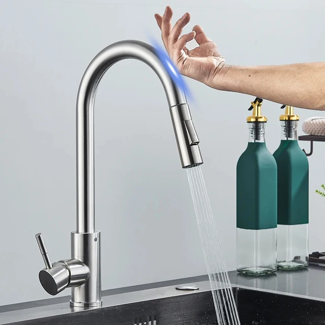 Brushed Smart Touch On Kitchen Faucet Sensor 360 Rotation Pull Out Single Handle Mixer Tap Two Water Modes Sink Crane Hot Cold 1