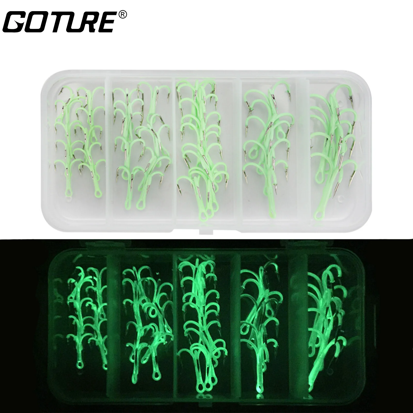 

Goture 40Pcs/Box Luminous Treble Fishing Hooks High Carbon Steel Fishing Hook Size 2#-10# Durable barbed hook Fishing Tackle