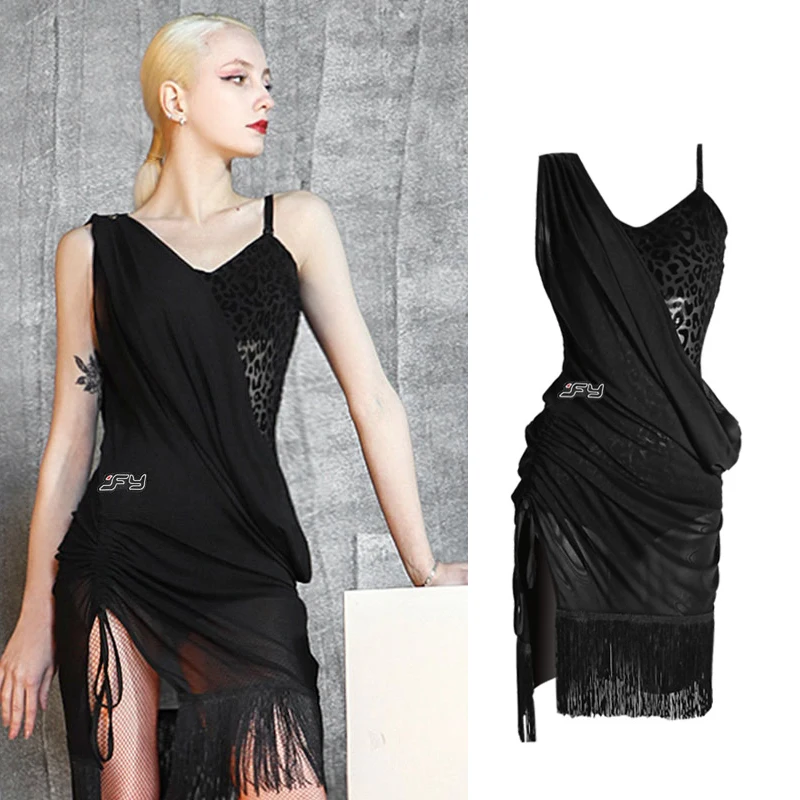 

2024 Leopard Print Plush Jumpsuit Mesh Tassel Skirt Two-Piece Latin Training Suit Adult Chacha Latin Dance Dress For Women