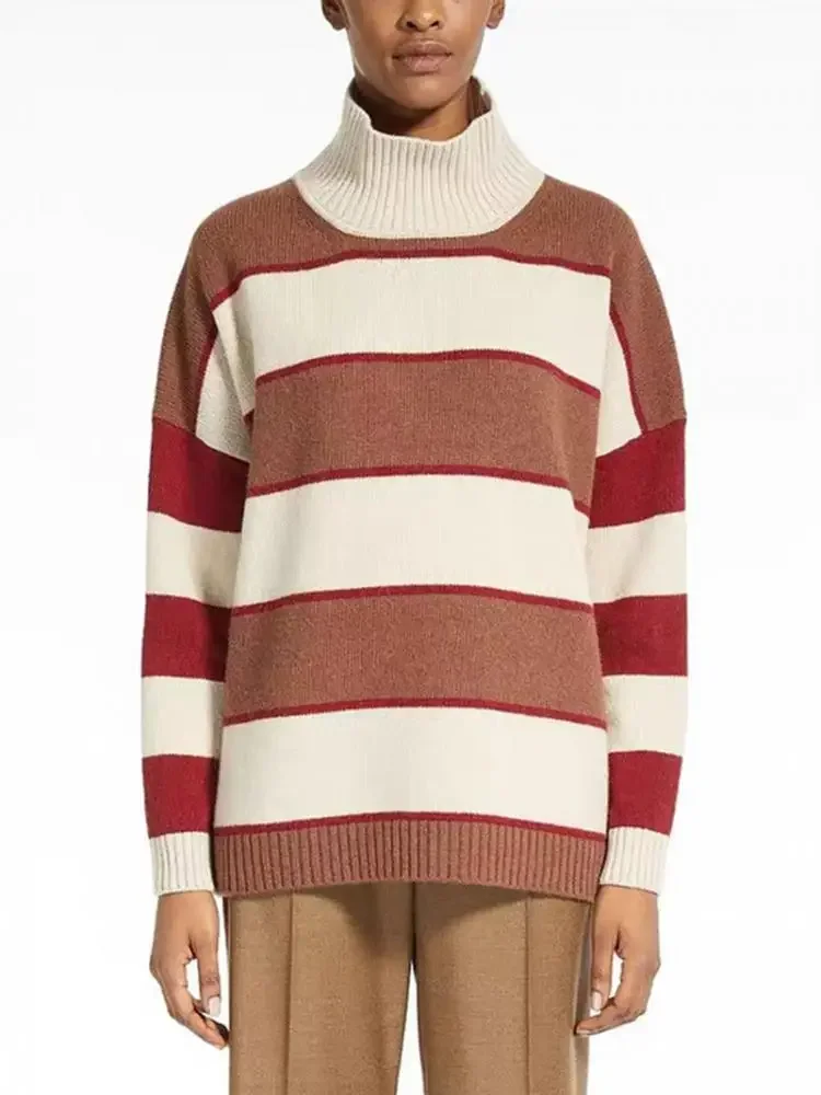 

Women Sweater 100% Wool Turtleneck Contrast Striped Fall Winter New Retro Loose Knitted Jumpers