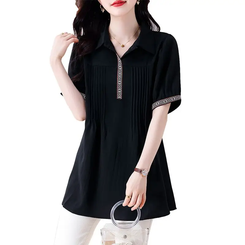 

Summer New POLO Collar Fashion Short Sleeve Shirt Women High Street Casual Loose Pullovers Pleated Elegant Chic All-match Tops