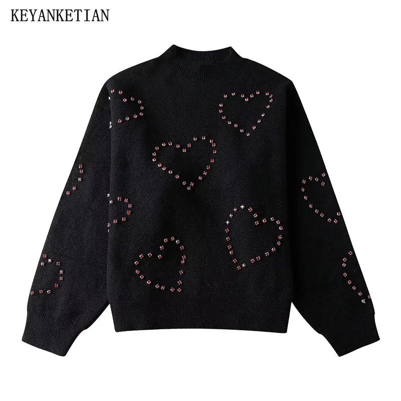 

KEYANKETIAN 2024 New Launch Women's Studded Beaded Decorations Sweater Pullover Spring Sweet Loose O-Neck Knitted Top Chic