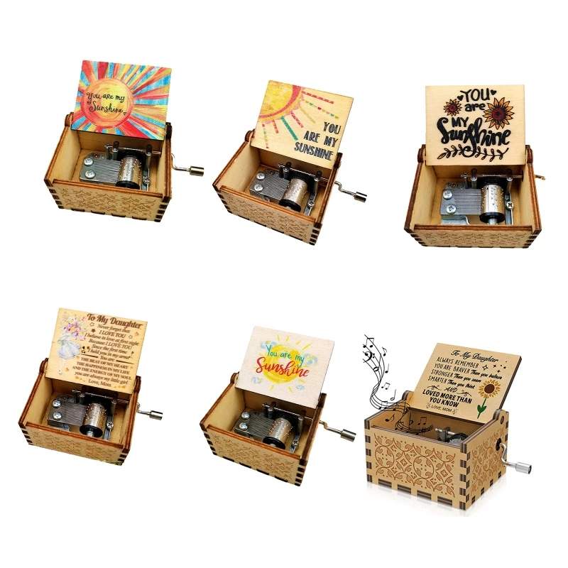 Vintage Wooden Hand Crank Music Box Octave Musical Box Engraved for Child Girls