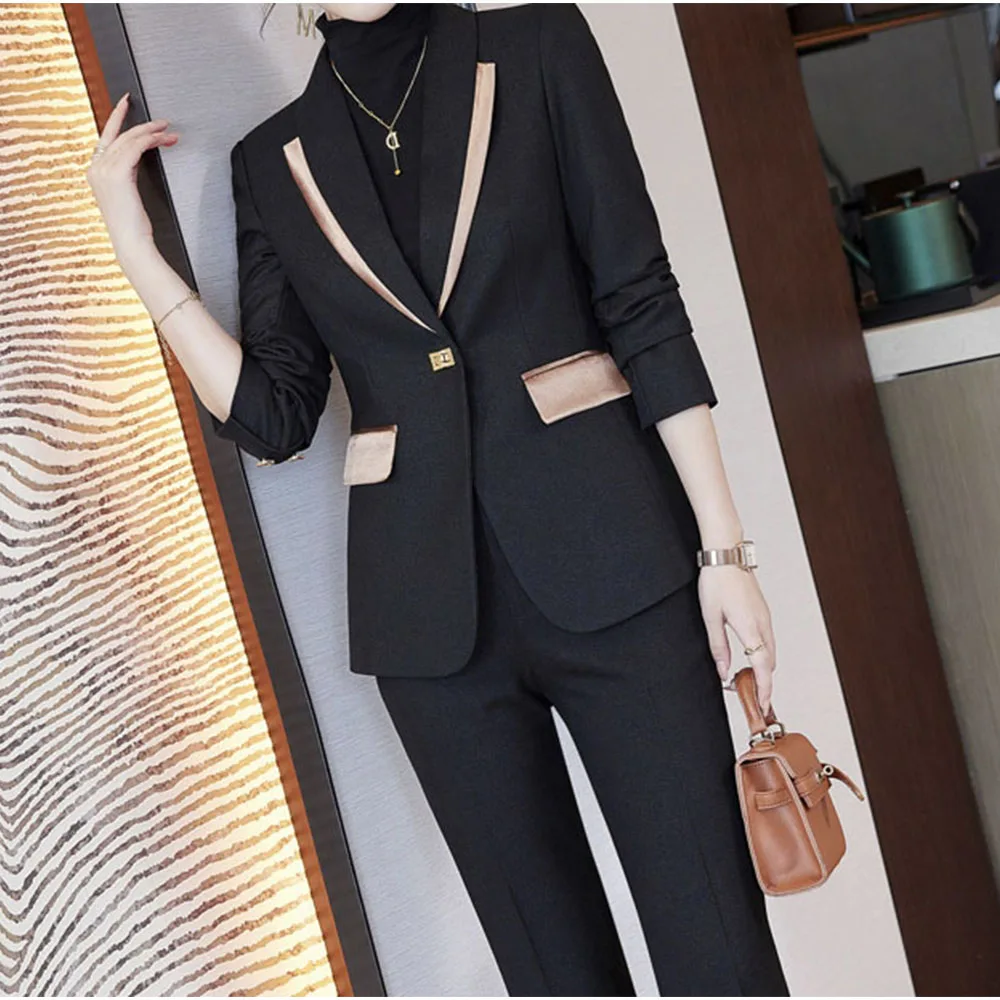 Tesco Business Suit For Office Lady Women Blazer Coat+Pants 2 Piece Solid Formal Women's Outfits Color Match Collar Jacket