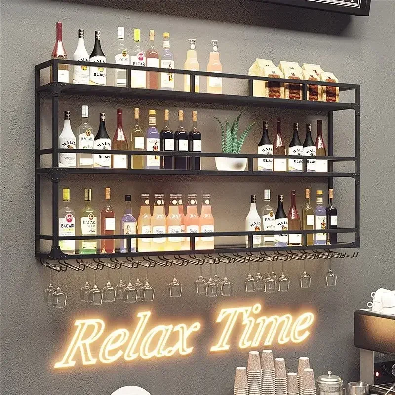 Industrial Wall-Mounted Bar Rack Integrated Shelf Iron Art Wall Storage Shelf Wall Hanging Light Bar Wine Glass Holder Shelf 6