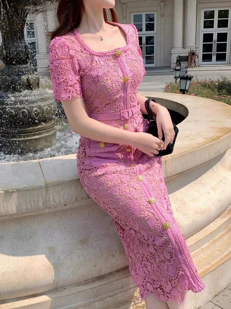 chinese dress ladies Pleated Lace Splicing Elegant Long Dress Black / S main image 1