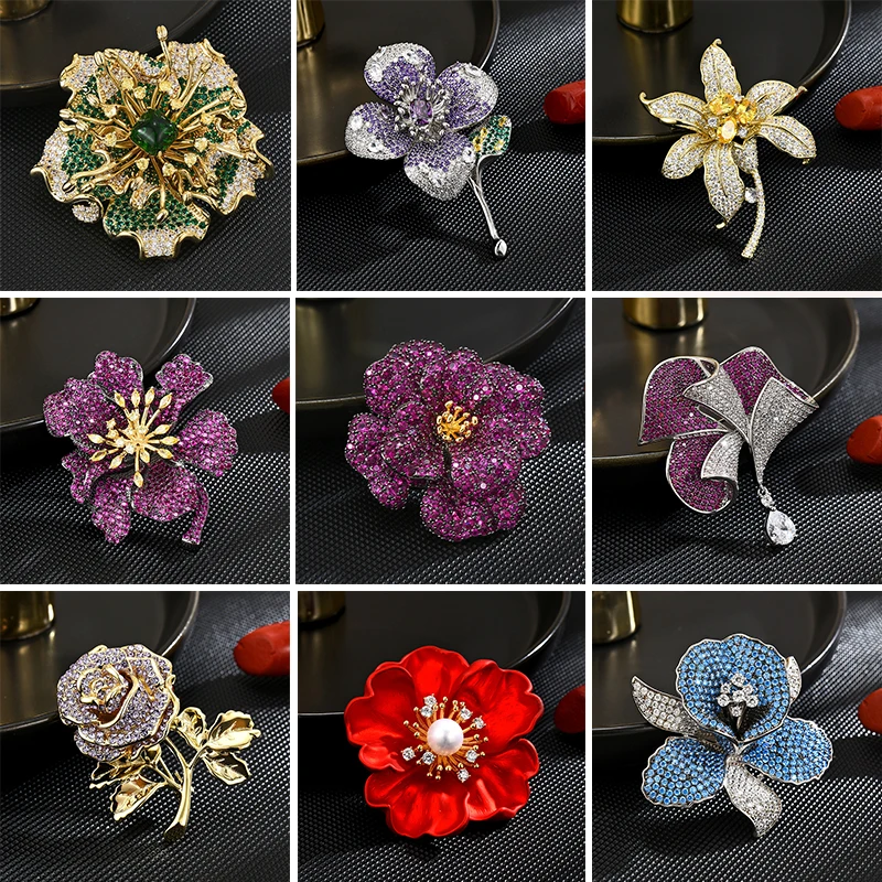

OKILY Luxury Cubic Zircon Broochpin for Women's Gift Exquisite Corsage Magnolia Jasmine Camellia Pins Personalized Accessories