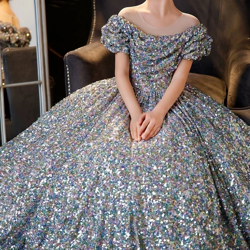 

Elegant Shinny Sequined Children's Princess Party Dresses Ball Girls Host Walk Show Occasion Dress Kids Pageant Wedding Guest