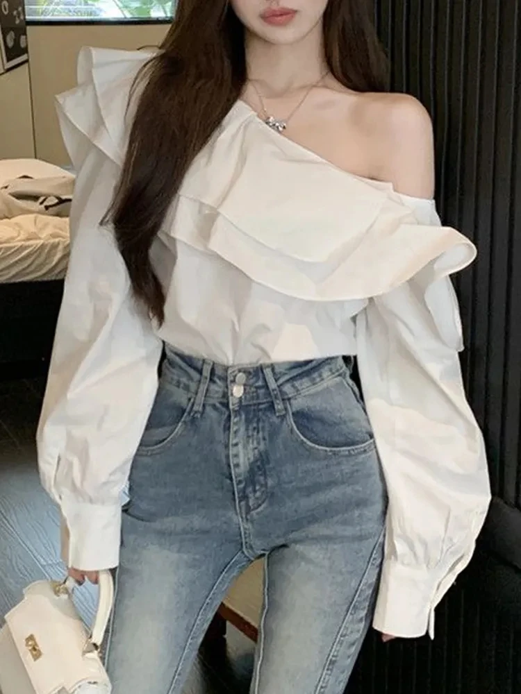 

Korean Fashion White Shirts Women Spring Long Sleeve Slash Neck Casual Blouses Elegant Off Shoulder Ruffles Ladies Tops Blusas