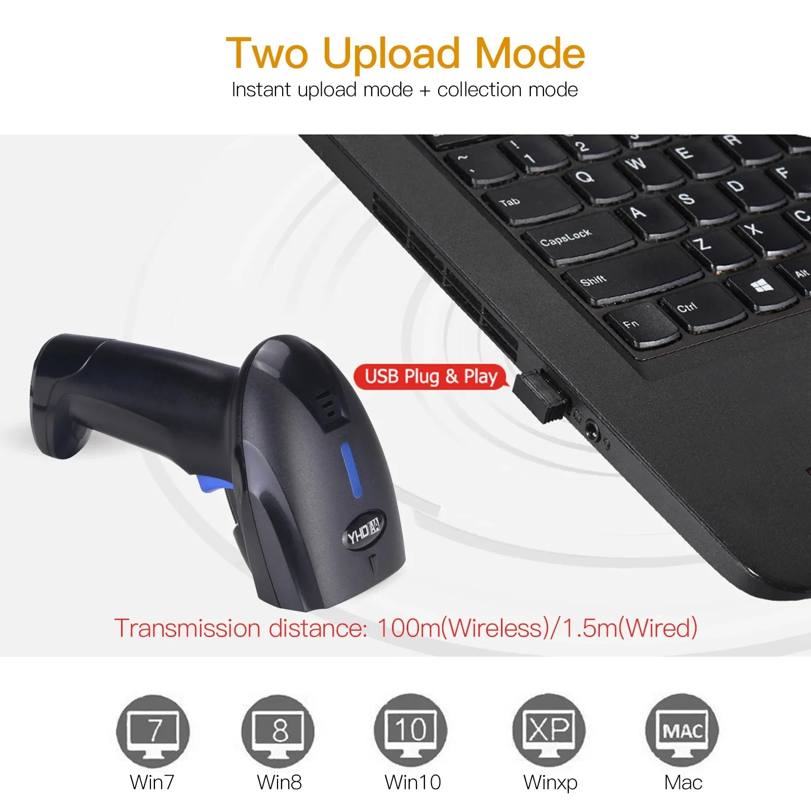 2-in-1 2.4G Wireless Barcode Scanner & USB Wired Barcode Scanner Automatic Handheld Rechargeable 1D Bar Code Reader