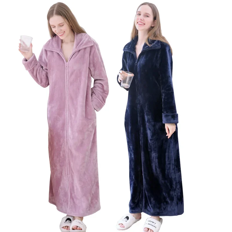 Women Dress Women Sleepwear Silk Robe Sleepwear Pajamas Cotton Bathrobe Women Ultra Long Plus Size Thick Warm Bathrobe Lovers Winter Thermal Flannel Bath Robe Men Robes Pregnant Zipper Dressing Gown