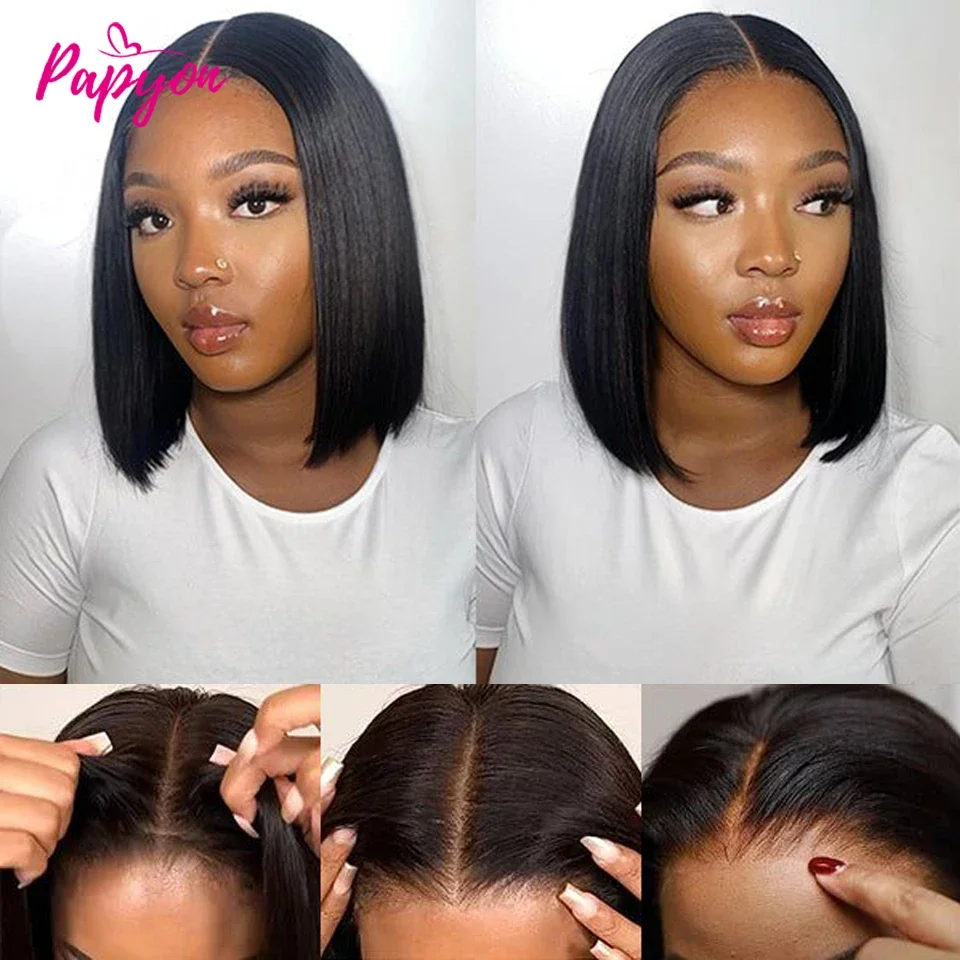 Short Bob Wigs Straight Glueless Wig Ready To Wear Human Hair Wigs Pre Cut 4x4 Elastic Drawstring Upgraded No Glue Lace Air Wig 4