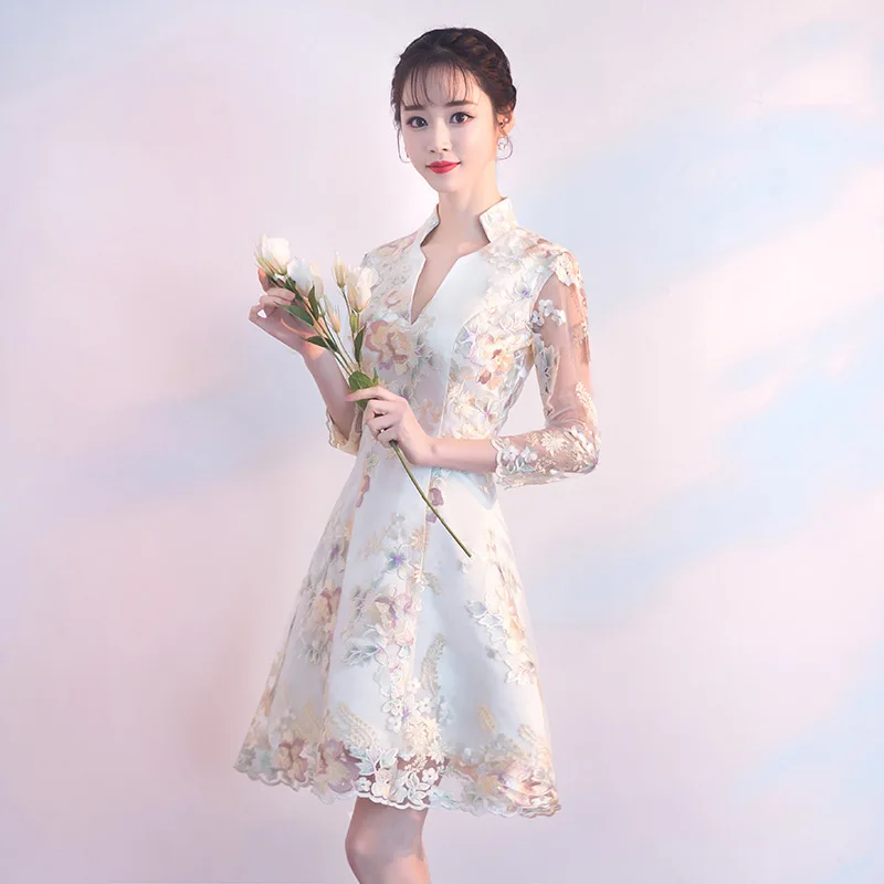 Novelty Lady Embroidery Flower Chinese Lace Dresses Elegant Mandarin Collar Qipao Short Skirt A-Line Wedding Party Gown