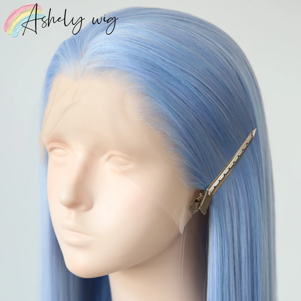 Light Blue Wig for Cosplay 13x4 Lace Front Wigs 26inch Long Straight Hair Wig High Temperature Fiber Synthetic Lace Wigs Pelucas
