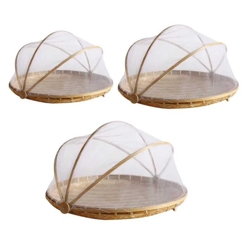 

Dustproof Picnic Vegetable Proof Bug Mosquito Food Round Woven Tray Basket Wicker Net Bamboo Bread With Handmade Fruit