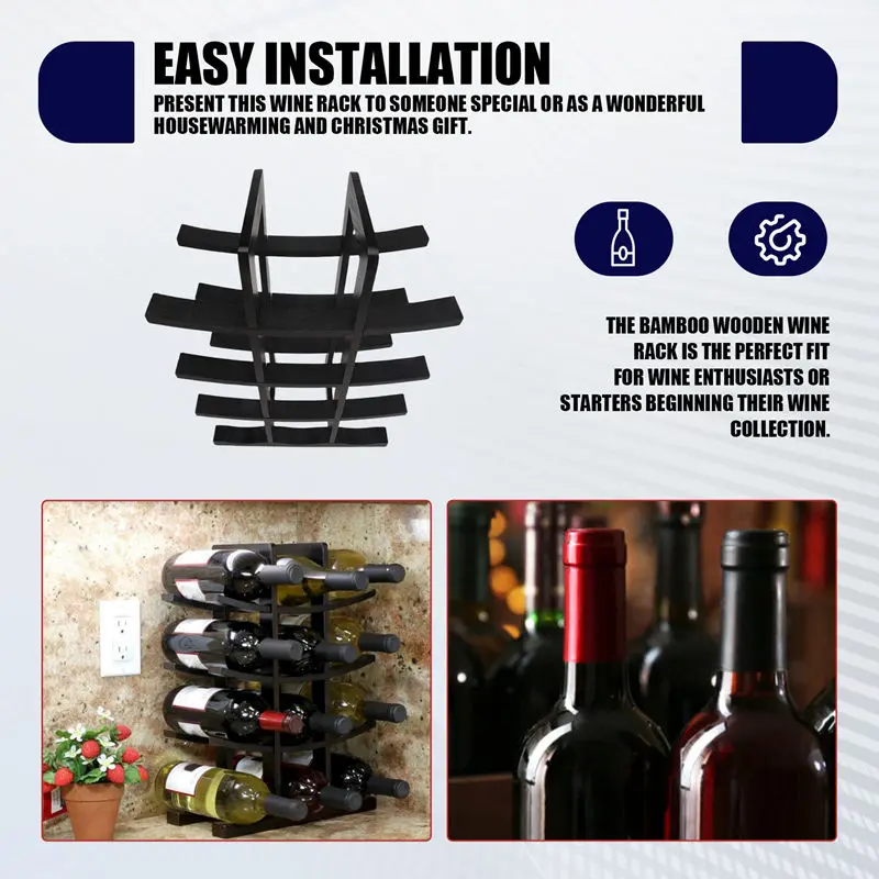 A20F-Wooden Bamboo Wine Rack 12 Bottle Bar Kitchen Dining Storage Liquor Holder Home Decor Countertop Wine Rack Holder