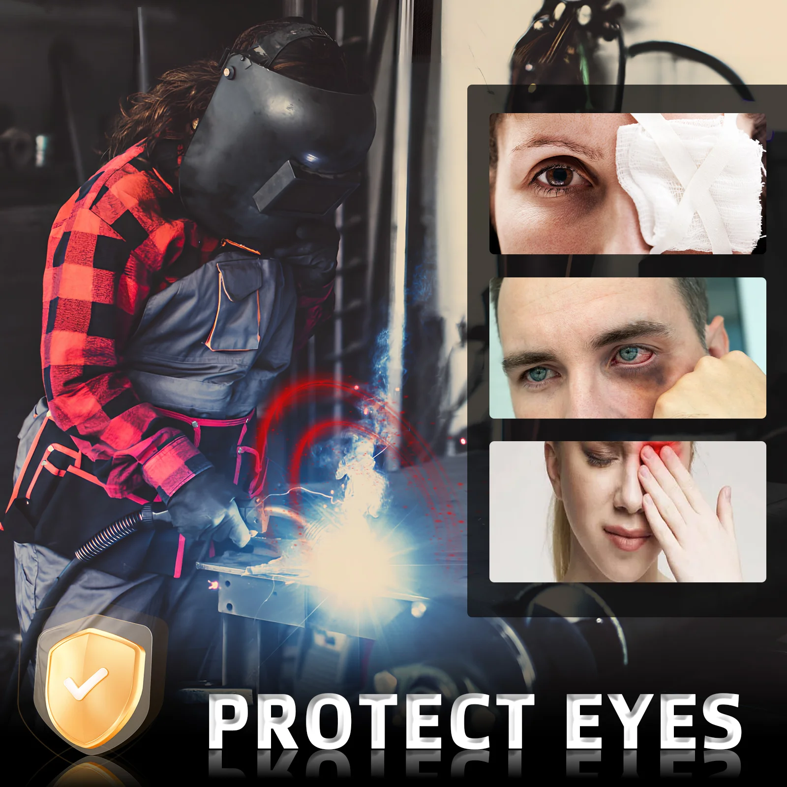Gros plan sur les lentilles de soudage dorées montrant le verre teinté, protection pour casque de soudeur.