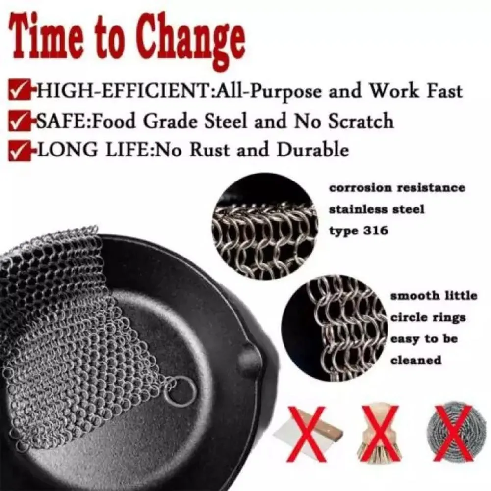 1pc Stainless Steel Cast Iron Cleaner Chain Mail Scrubber Home Cookware Kitchen Household Cleaning Tools Accessories Chain Clean 1