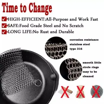 1pc Stainless Steel Cast Iron Cleaner Chain Mail Scrubber Home Cookware Kitchen Household Cleaning Tools Accessories Chain Clean 1
