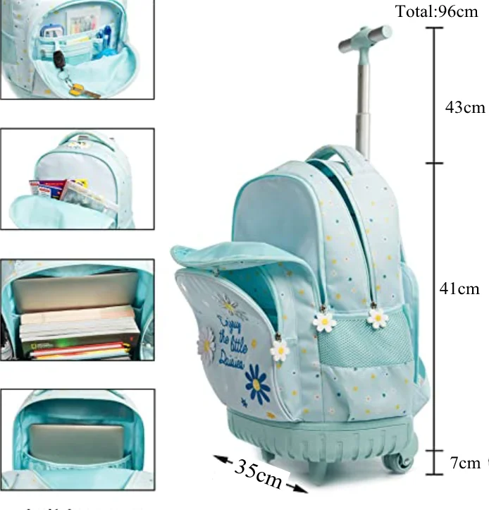 Zaino Con Ruote Per Ragazze, Trolley Scuola Con Contenitore Pranzo E Astuccio, Leggero E Manico Regolabile, Dimensioni 41,9x30x19,8 Cm, Per Bambini 8-12 Anni - 6