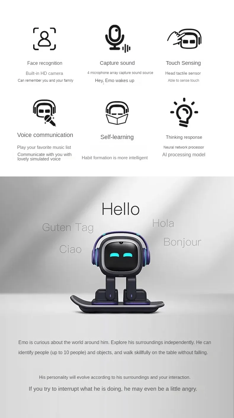 Emo Robot inteligente AI, Chat de voz electrónico para mascotas, lámpara  nocturna pequeña Emo, conversación inteligente multilingüe, Touch Sens
