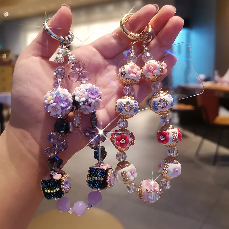 

Женский короткий ремешок на запястье МОБИЛЬНЫЙ ТЕЛЕФОН Lanyard, стильный универсальный ремешок для защиты от потери, роскошный небольшой браслет с бусинами и цветами