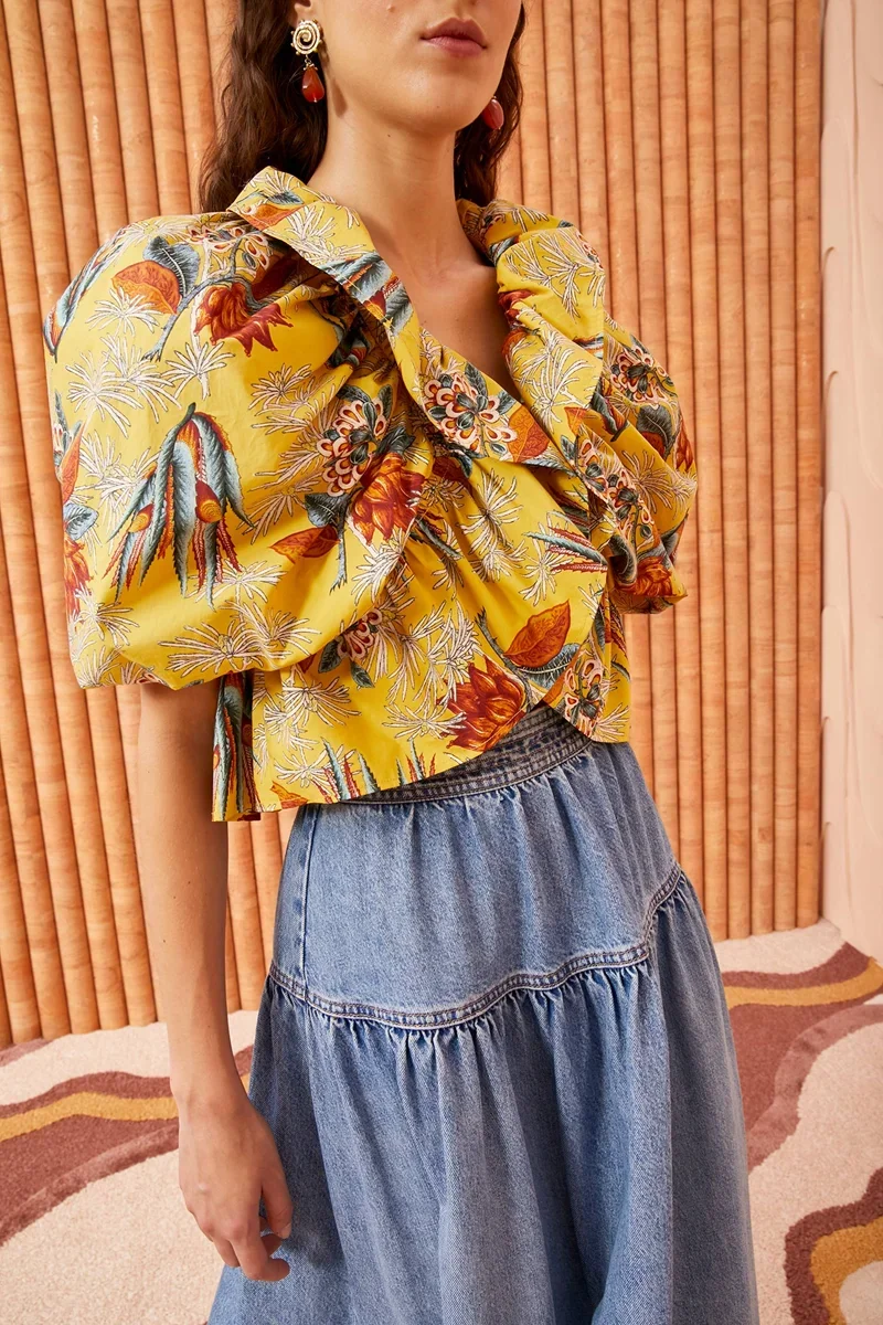 

Women Cotton Cardigan Shirt 2024 Short Lantern Sleeve Lace-Up Elegant Luxury Brand High Quality Ruffles Chic Comfy