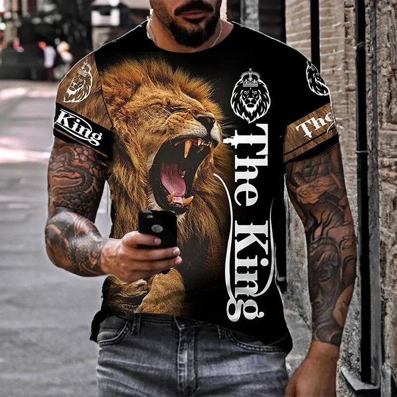 

Summer Men Ferocious Lion Print T-Shirt Vintage Tops Tees 3D The King Lion Short Sleeve Clothing Male Casual Camiseta Streetwear