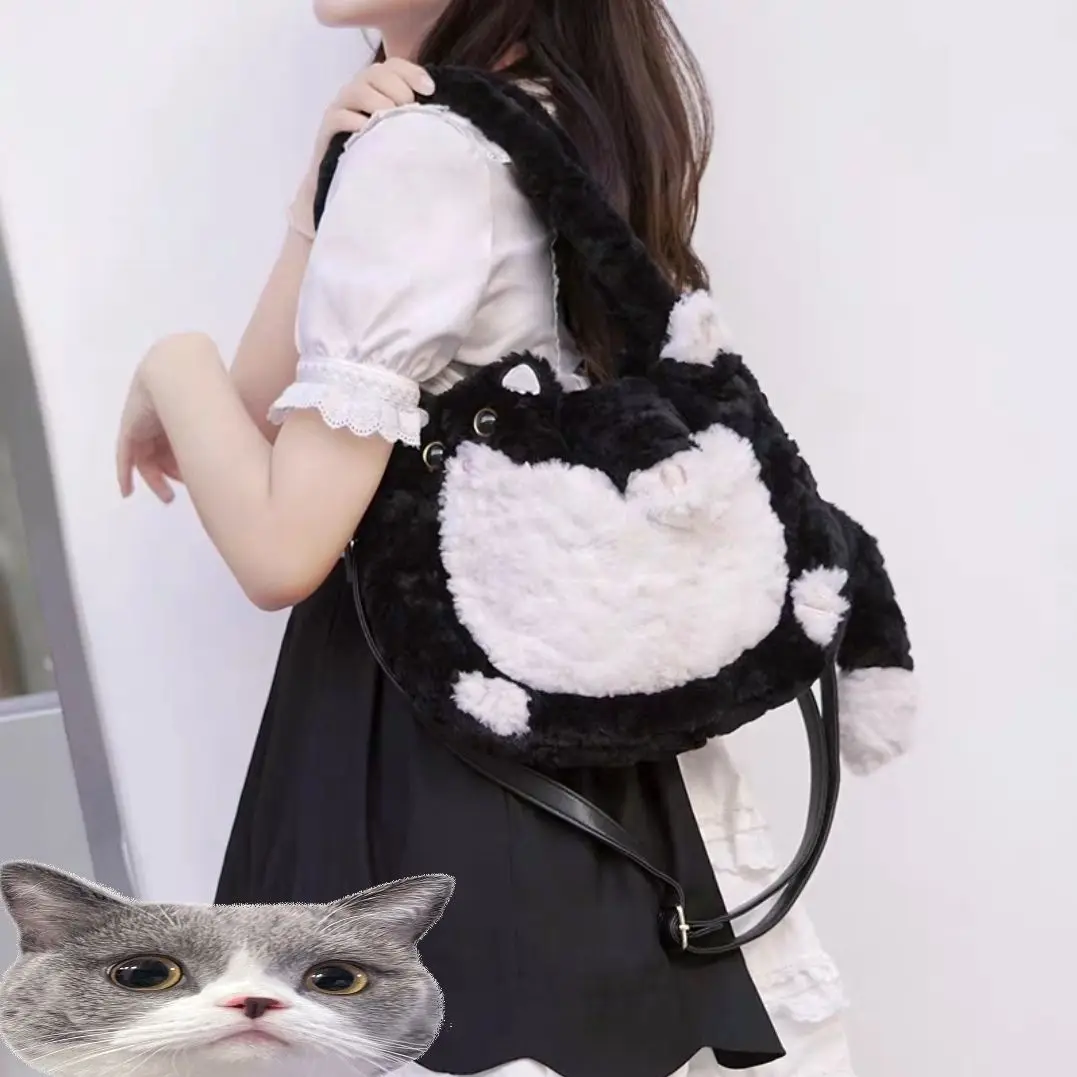 JIAERDI Sweet Cute Cat Black White Shoulder Bags Women Harajuku Aesthetic Plush Y2k Crossbody Bags Girl Large Capacity Tote Bag