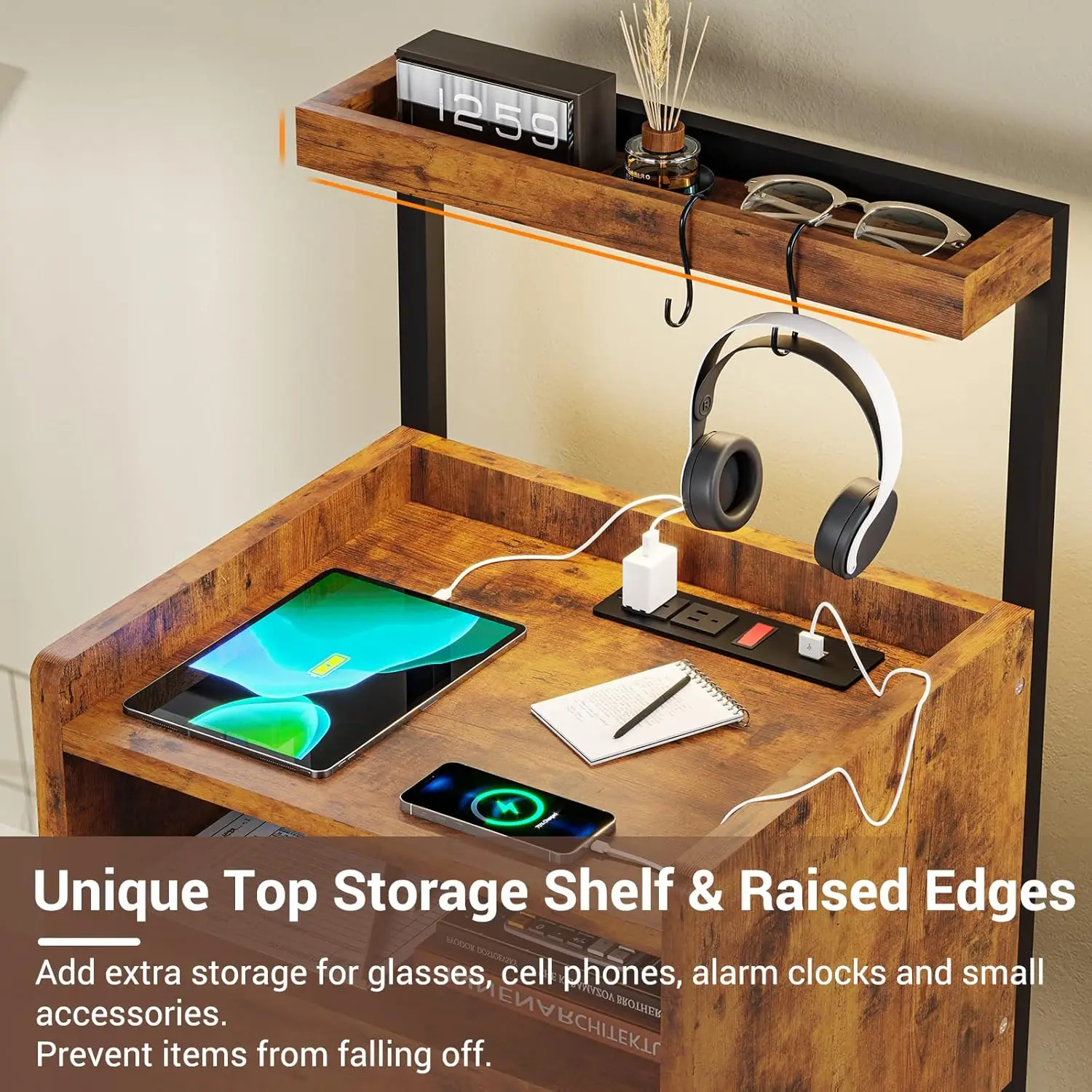 Nightstand Set of 2 with Charging Station, Rustic Brown Night Stands for Bedroom Set of 2, Bedside Table with Storage D
