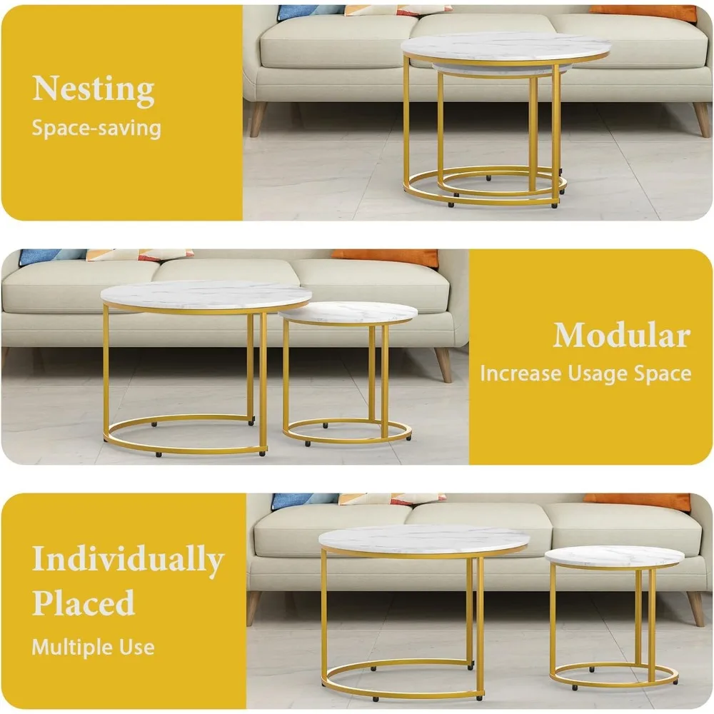 2-piece Nested Table Set, Living Room Circular Coffee Table with Golden Metal Frame, Marble Patterned Nested Table 6