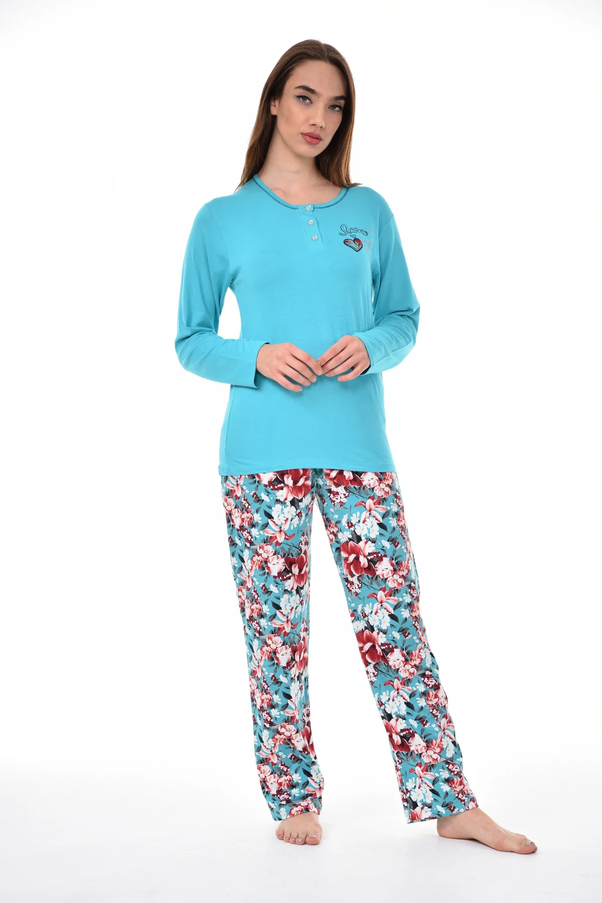 

Pianoluce Women Cotton O Neck Button Long Sleeve Pajamas Suit Turquoise PLWM22PJT006