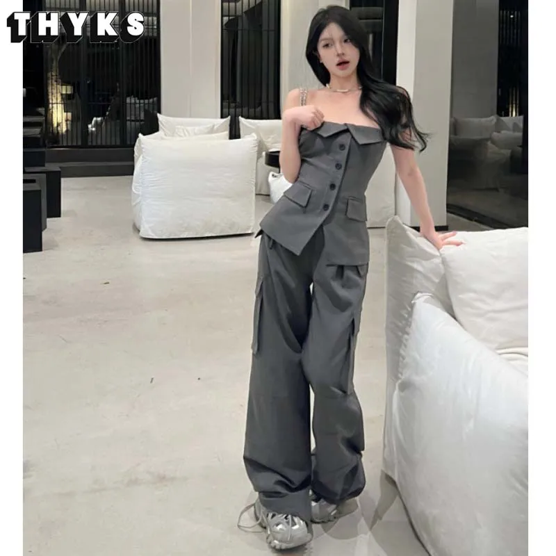 

Summer New Women's Fashion Temperament Casual Tube Top+Pants Solid Color Set Blazer Pants Commute Casual Trousers Two Piece Set