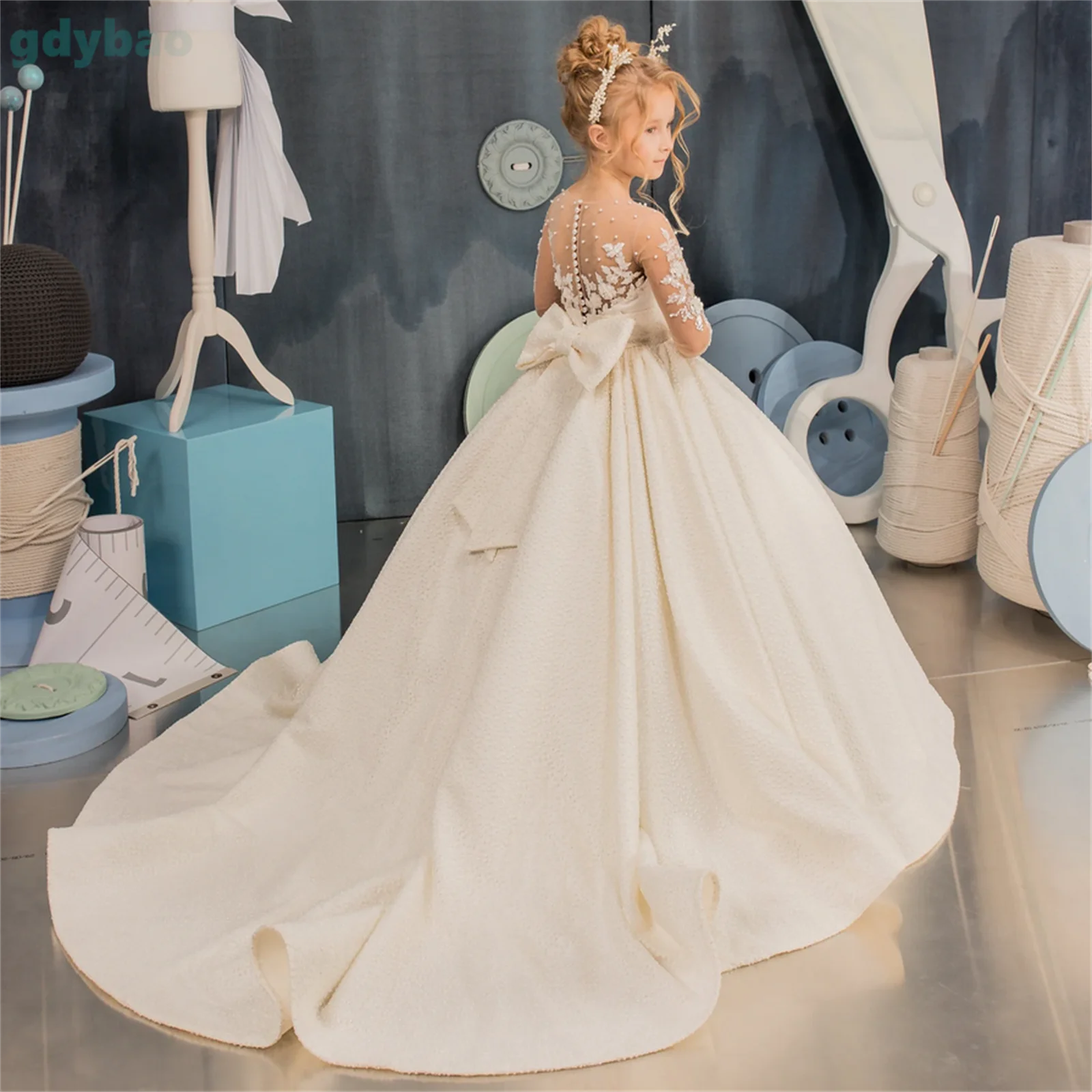 

A+Flower Girl Tulle Floor Length With Sash Lace Appliques Custom Made Ball Gown First Communion For Girls Elegant