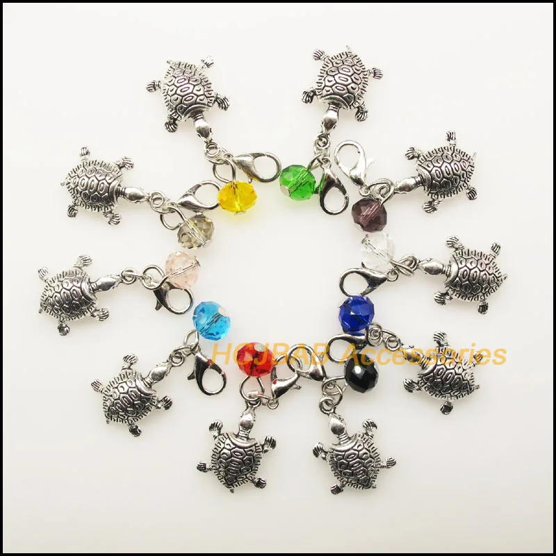 

10Pcs Mixed Round Crystal Antique Silver Color Animal Tortoise with Clasp Charms Pendants 14x22mm