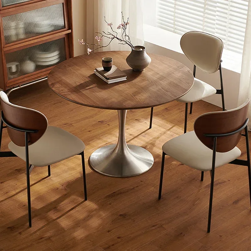 북유럽 원형 테이블, 심플한 앤티크, 레트로 디자이너, 애쉬 우드 테이블, 탑 및 스테인레스 스틸 다리, 다이닝 룸 가구 