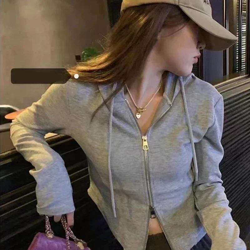 DAYIFUN Women Solid Hooded Coats Spring Autumn New Fashion Zipper Long Sleeve Cardigans Tops Lady Commute Slim Short Jackets
