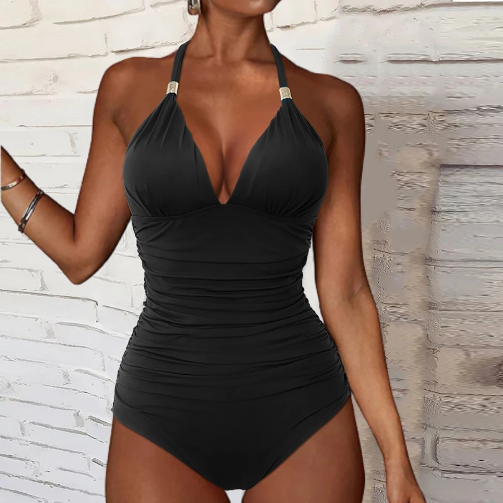 2022 New Summer Beach Wear  Push up Swimwear One Piece Swimsuit Women Black Bathing Suit Halter Top Swimming Suit Set