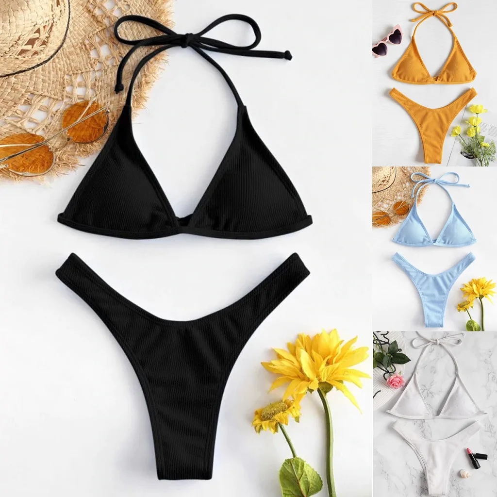 Crochet Bikini Micro Mini Bikini Swimwear Women Halter Push Up Bikini Set Padded Bra Sexy Swimsuit Hot Bandage Swim Suit Brazilian Biquini