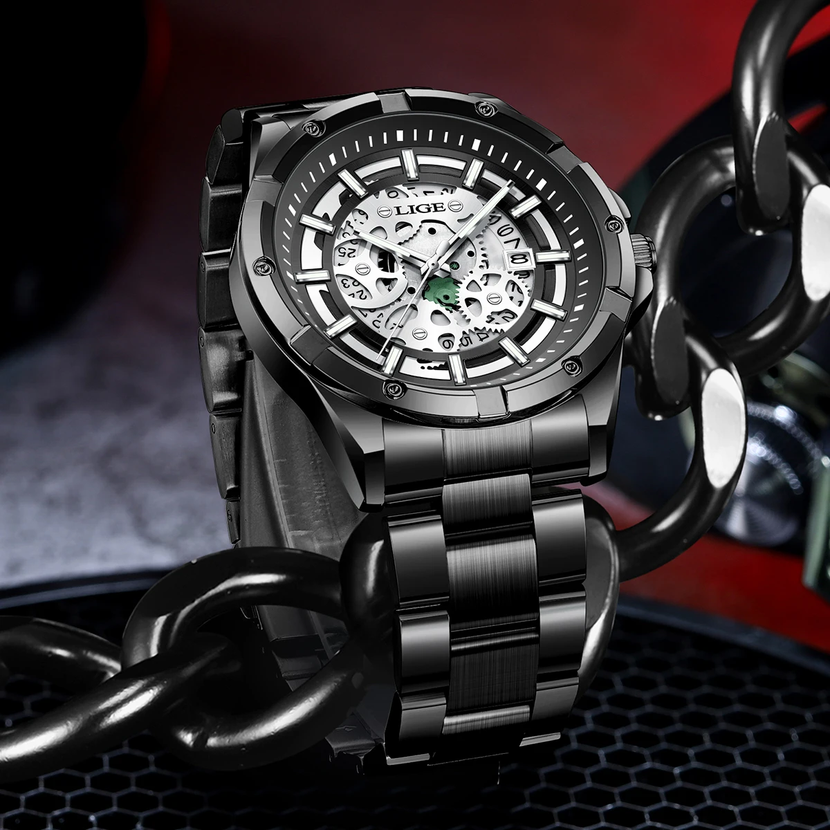 LIGE Luxury Steampunk Skeleton Dial Men's Automatic Mechanical Watch