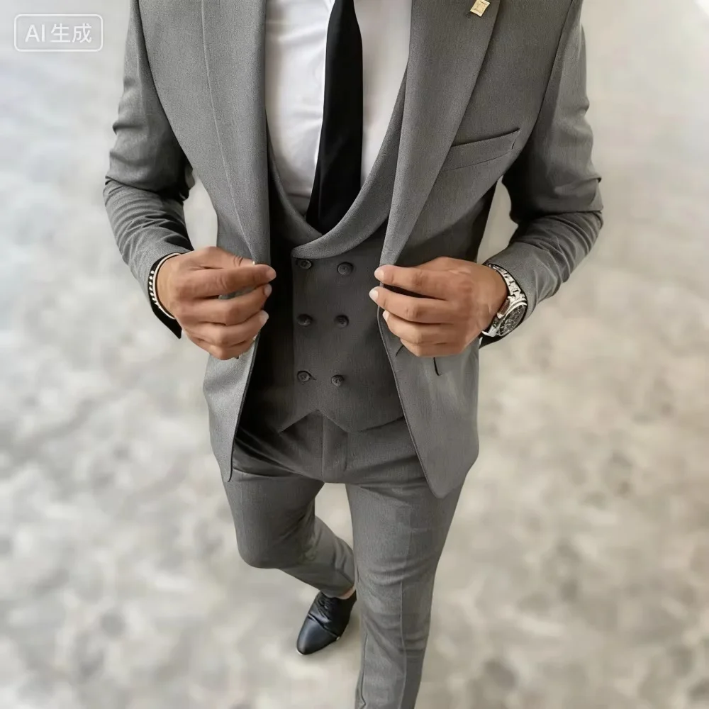 Solid Suits for Men Slim Fit Luxury Wedding Tuxedos Fashion Mens 3 Pieces(Blazer+Vest+Pants)Peak Lapel Suits Jacket for Business